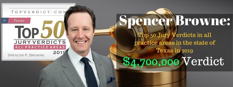 Image of a smiling man next to a gavel and text about top jury verdicts in Texas.