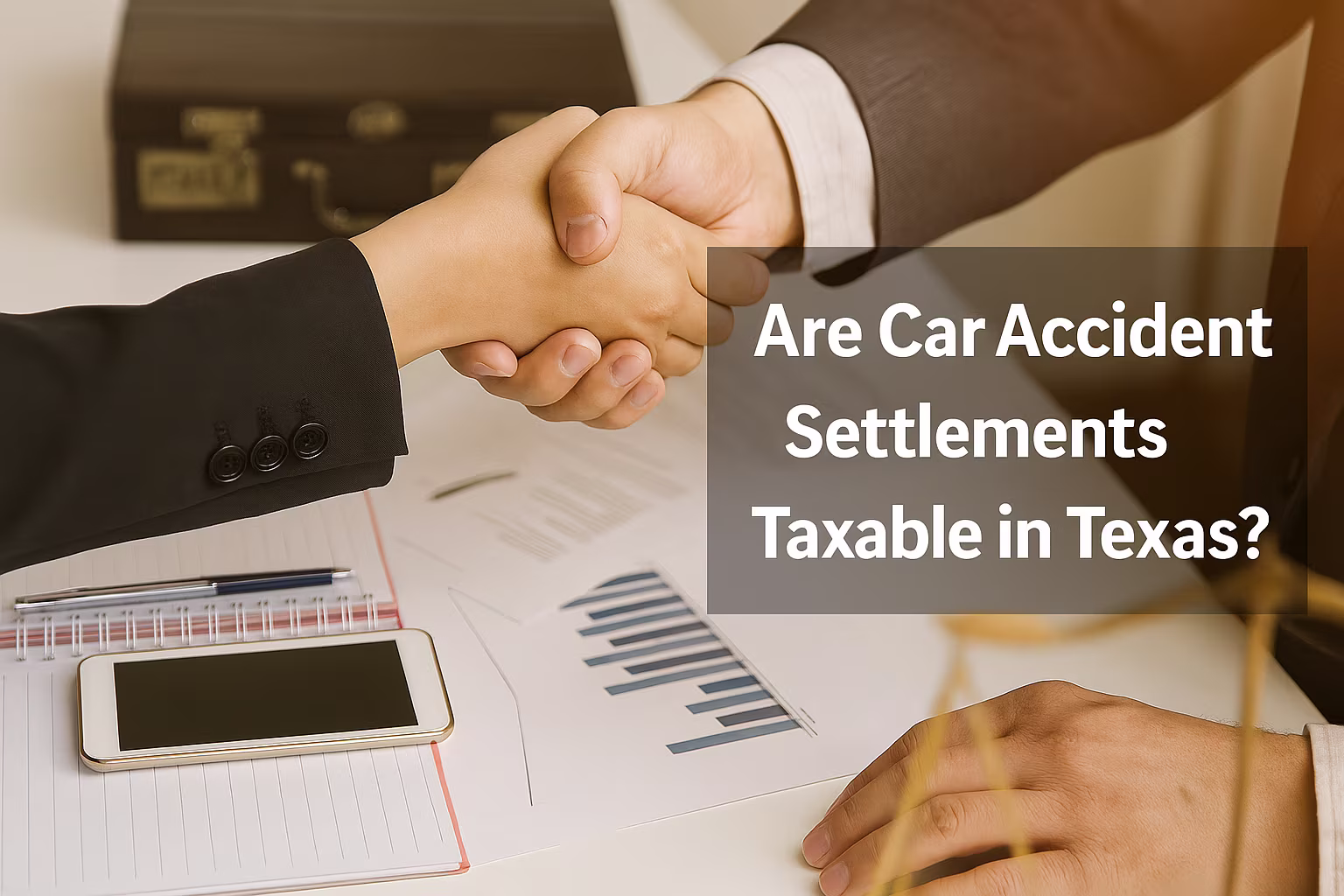 Handshake over legal documents with the question “Are Car Accident Settlements Taxable in Texas?”
