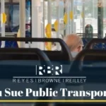 Interior of a public bus with passengers and text overlay about suing public transportation.
