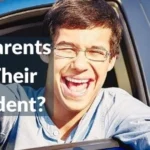 Smiling young man in a car holding keys with text overlay about Texas parents' liability for child's accident.