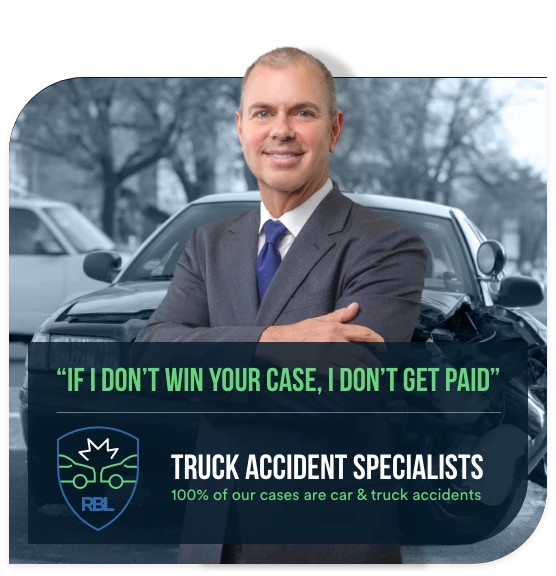 Smiling man in suit with a car accident in the background; text promoting truck accident legal services.