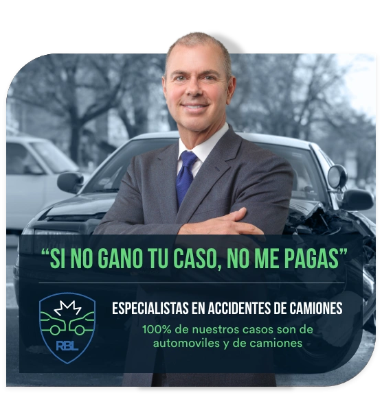 Man in a suit standing in front of a car accident, with text about legal services for vehicle accidents.