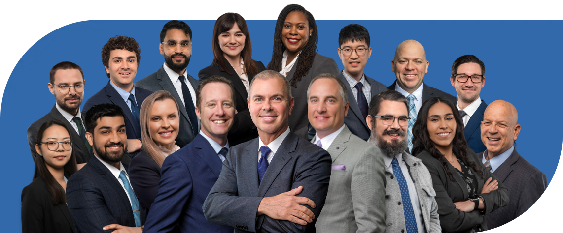 Group photo of six professionals posing together against a blue background.
