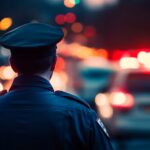 Police officer seen from behind, facing traffic with flashing emergency vehicle lights at night.