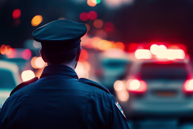 Police officer seen from behind, facing traffic with flashing emergency vehicle lights at night.