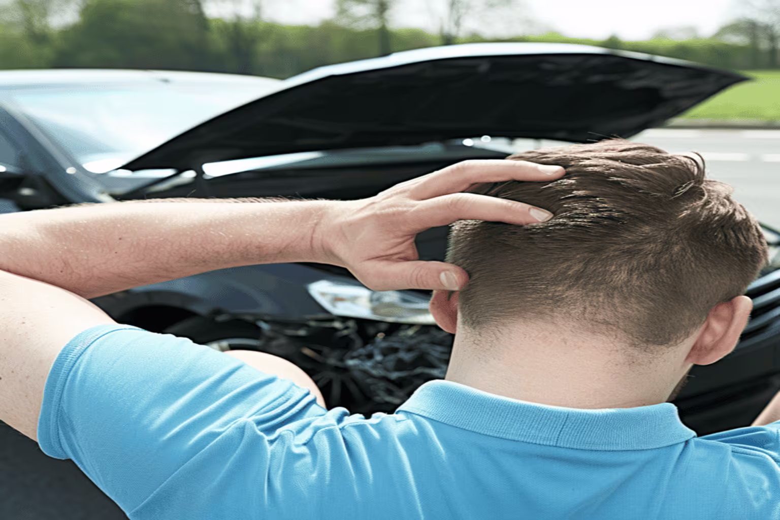 Man in blue shirt holding his head while looking at damaged car with open hood.