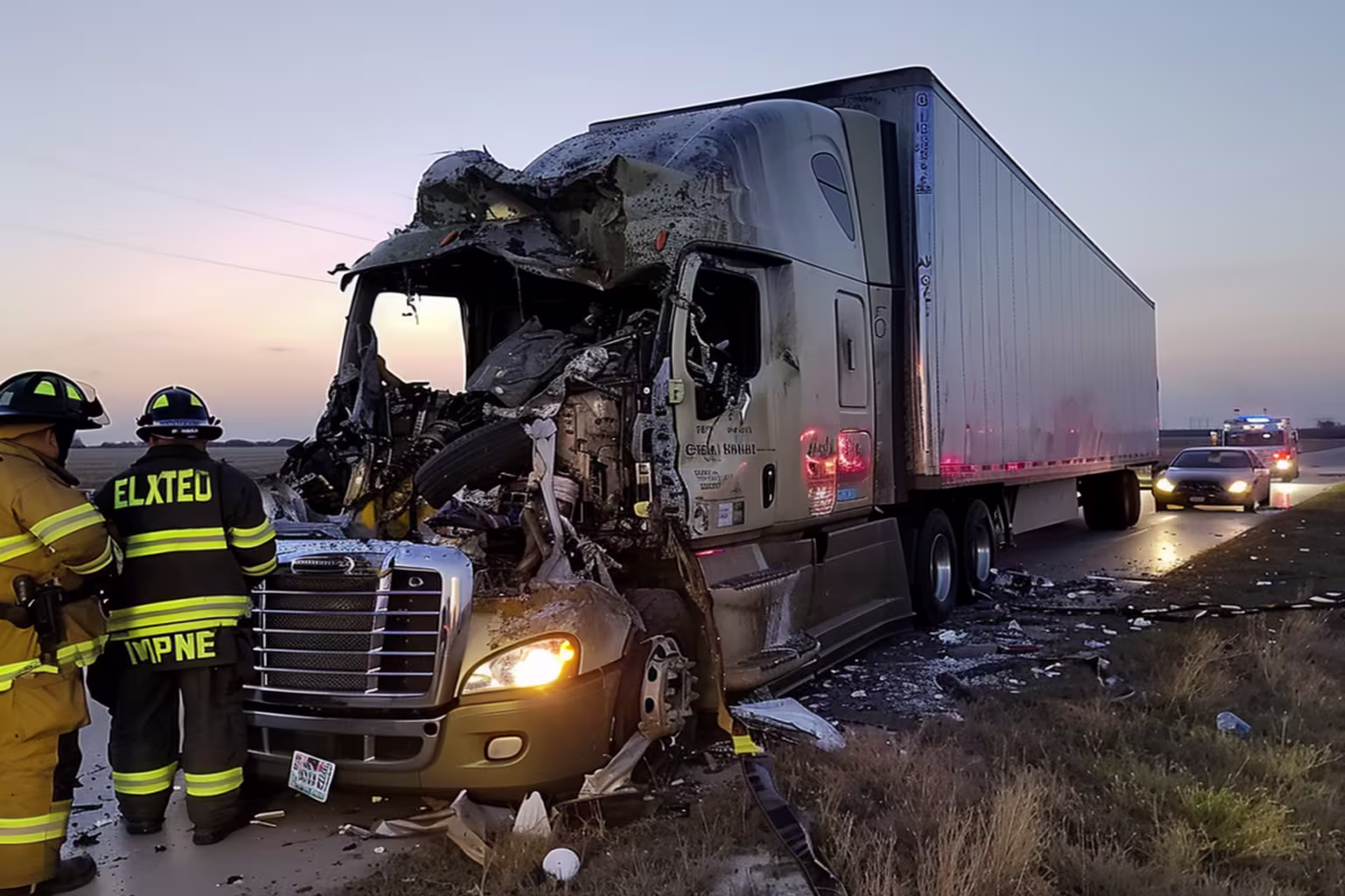 Firefighters beside a wrecked semi-truck on a highway at dusk.