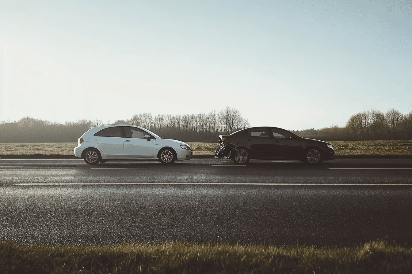 A white car has rear-ended a black car on an empty road, causing visible damage to the black car’s rear.