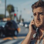 Concerned man on phone near intersection after a car accident in the background.
