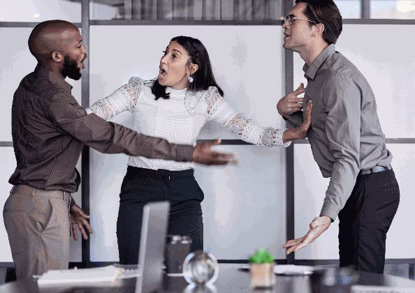 Insurance claim dispute showing confrontation between client and insurance representatives