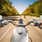 Motorcycle rider's first-person view of handlebars and speedometer while riding on Texas highway demonstrating lane-splitting concerns