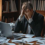 Stressed man in an office holding his head in frustration, surrounded by papers and a laptop.