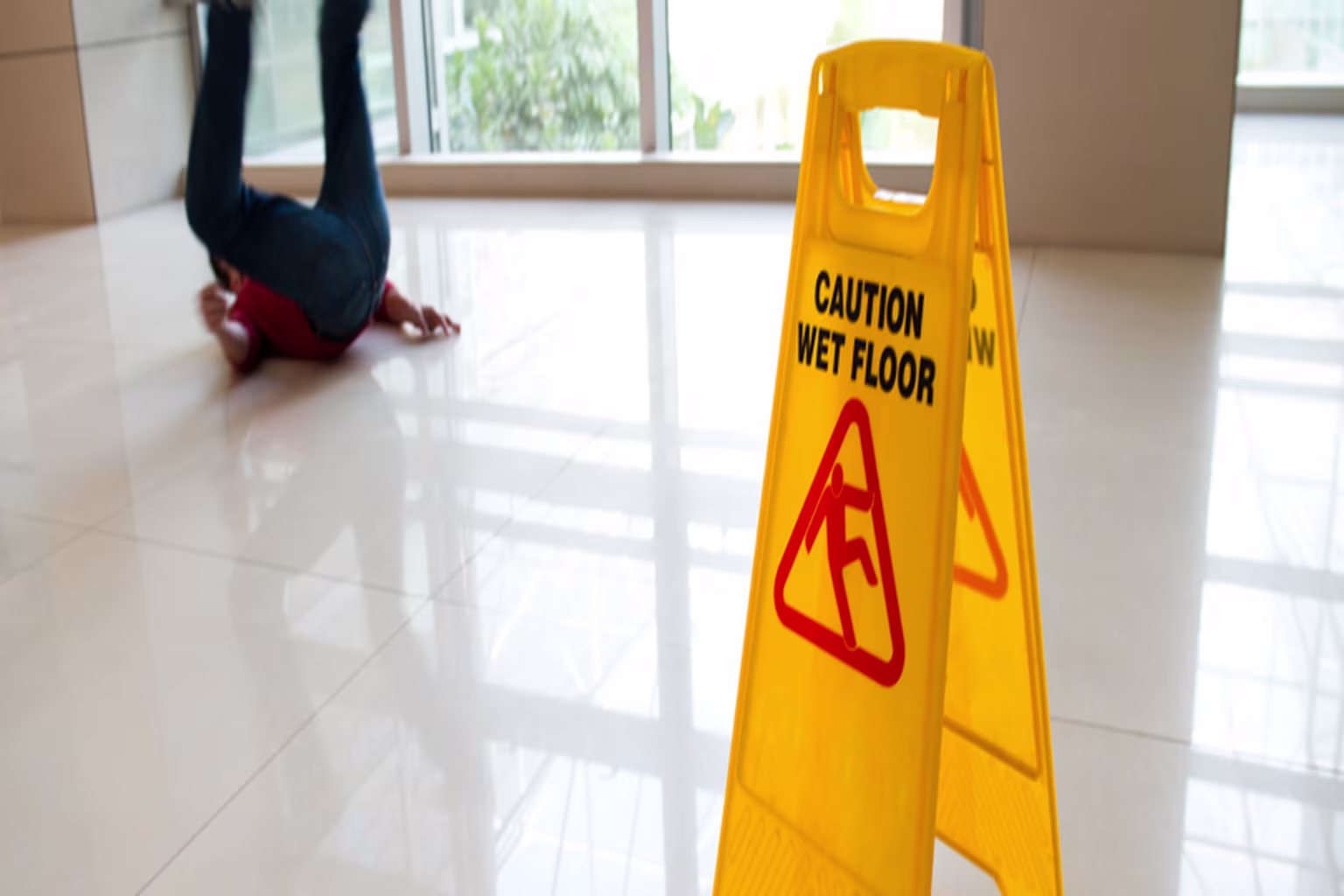 Caution wet floor sign with person who slipped on wet reflective floor