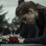 Woman placing flowers on grave during wrongful death case memorial service in Texas