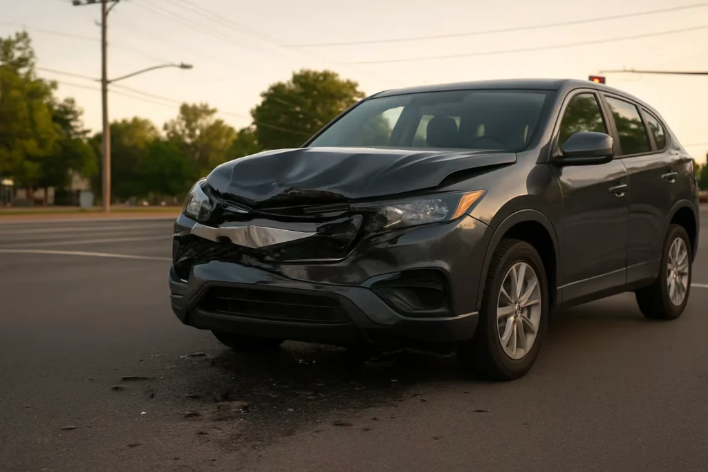 Damaged SUV after a car crash at an intersection.