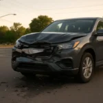 Damaged SUV after a car crash at an intersection.