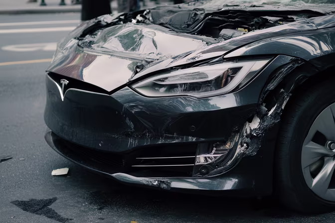 Severely damaged Tesla with front-end collision damage on road, illustrating the serious nature of rideshare accidents that can result in significant Uber settlement compensation