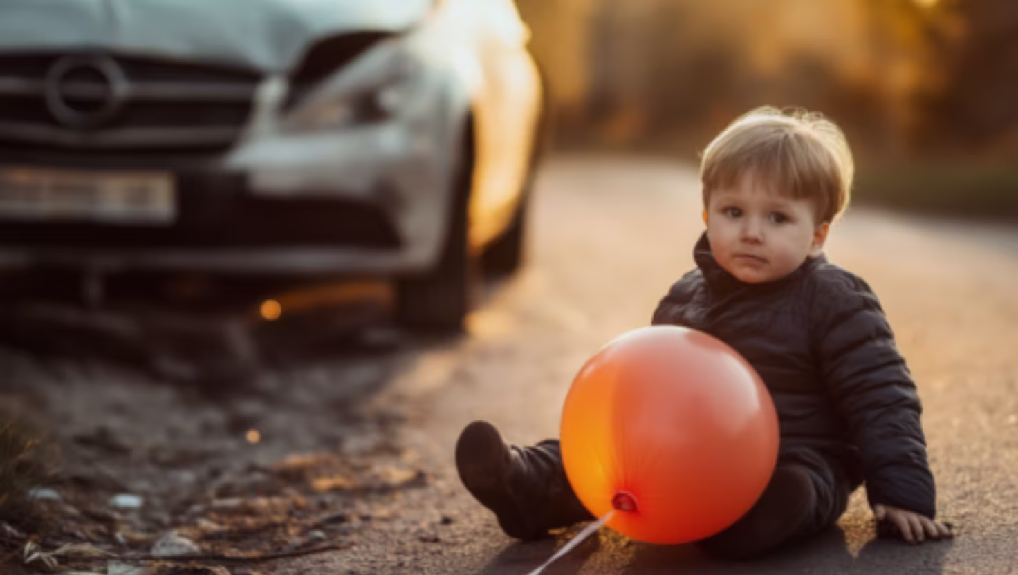 Young child with orange balloon sitting near car illustrating child accident liability concerns for Texas parents