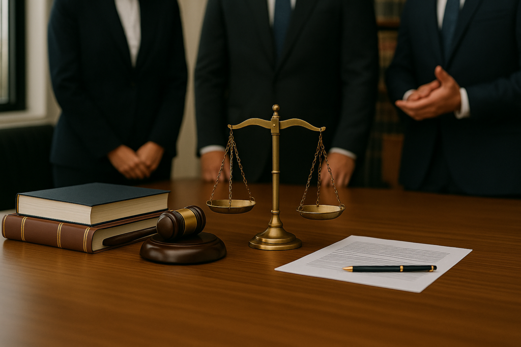 Professional law office scene with scales of justice, gavel, legal books and documents on desk with attorneys in background, representing Angel Reyes & Associates' award-winning legal excellence