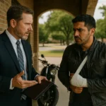 Motorcycle accident attorney in suit consulting with injured rider in leather jacket and arm sling, with motorcycle visible in background, illustrating legal representation after Texas motorcycle crash