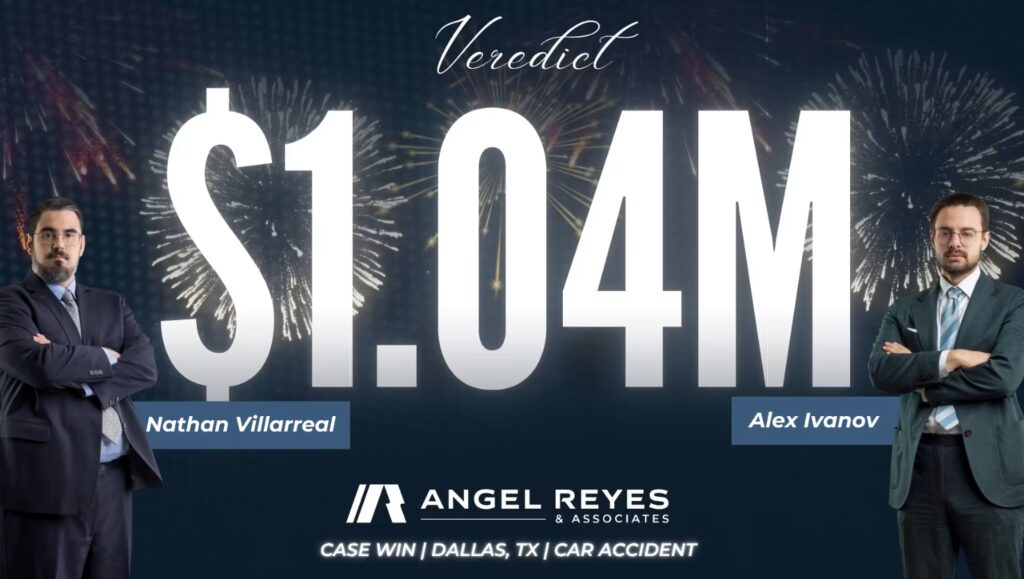 Angel Reyes & Associates car accident lawyers Nathan Villarreal and Alex Ivanov celebrating $1.04 million verdict against insurance company in Dallas
