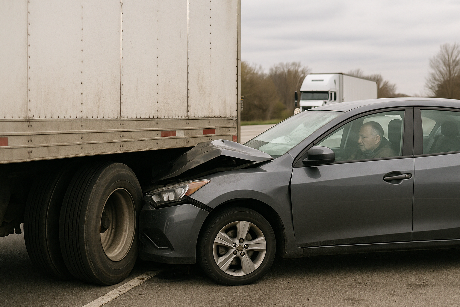 Car rear-ends semi-truck; front end crushed, driver appears dazed.