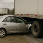 Silver car lodged under rear of semi-truck in underride crash on highway shoulder.