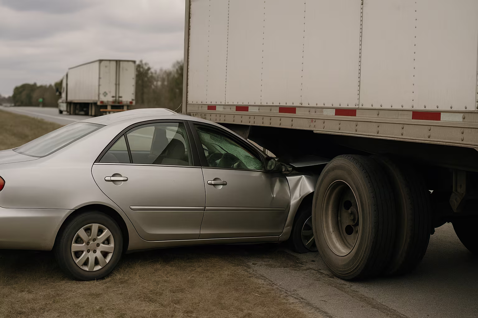 Silver car lodged under rear of semi-truck in underride crash on highway shoulder.