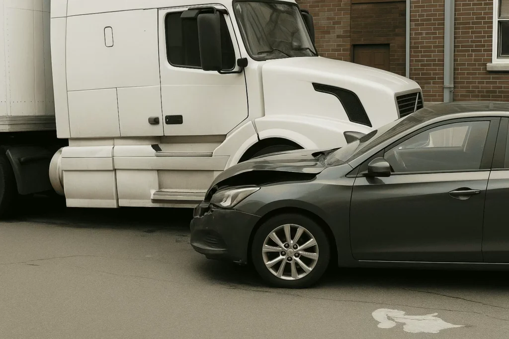 Car crashed into semi-truck, showing front-end damage on city street.