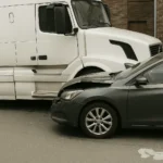 Car crashed into semi-truck, showing front-end damage on city street.