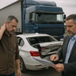 Truck accident scene with injured driver and insurance agent reviewing damage.