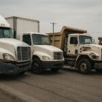 Row of damaged and worn commercial trucks parked on roadside.