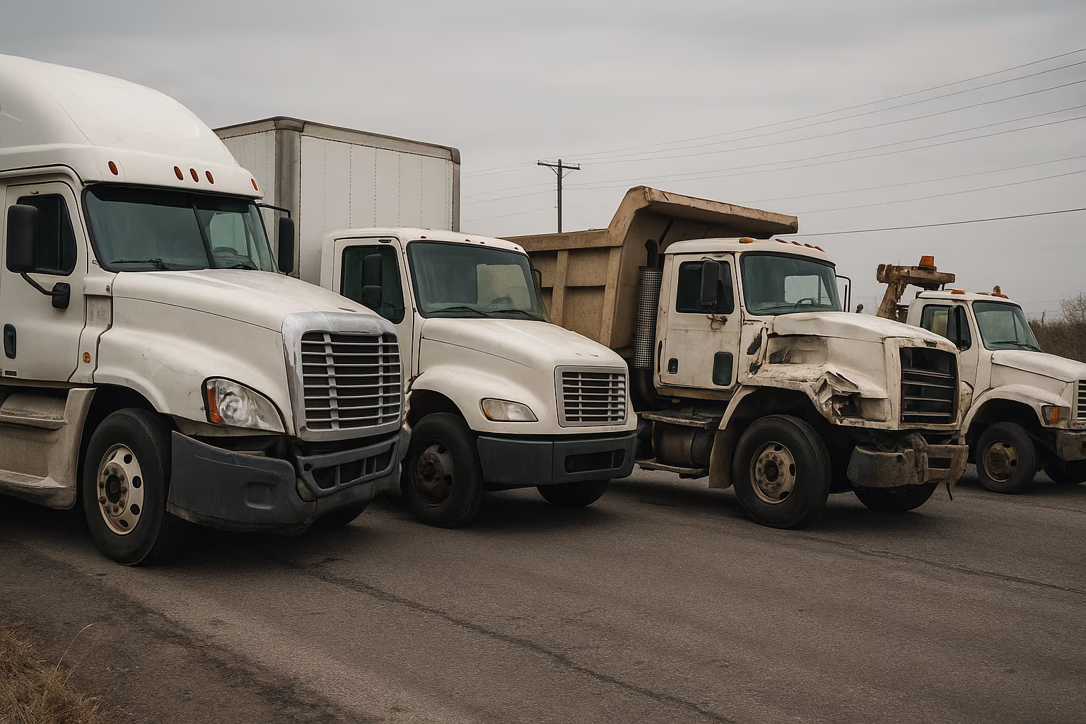 Row of damaged and worn commercial trucks parked on roadside.