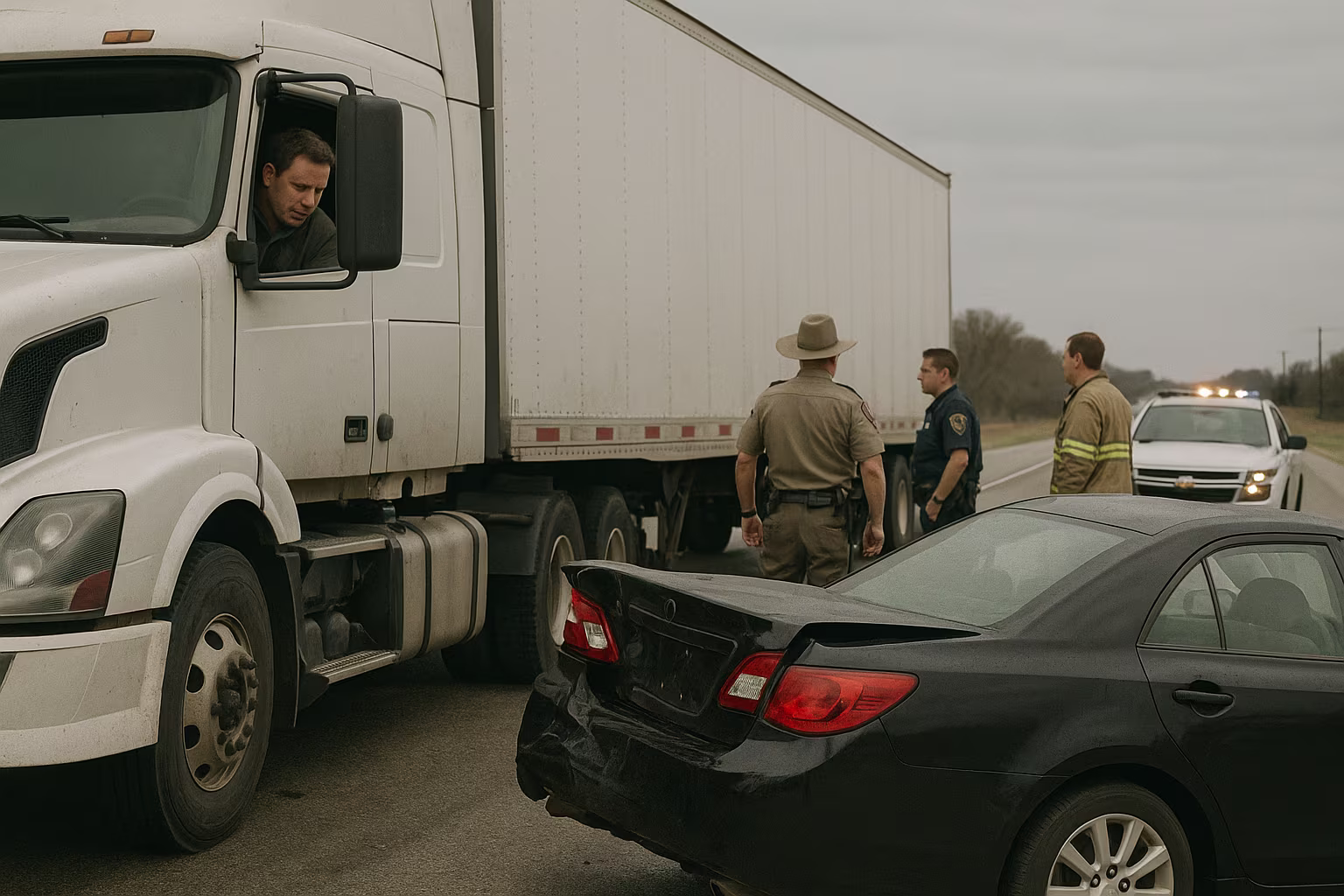 Truck driver discussing accident details with an insurance agent in front of a damaged semi‑truck.