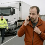 Man calling for help after car and semi‑truck accident on highway.