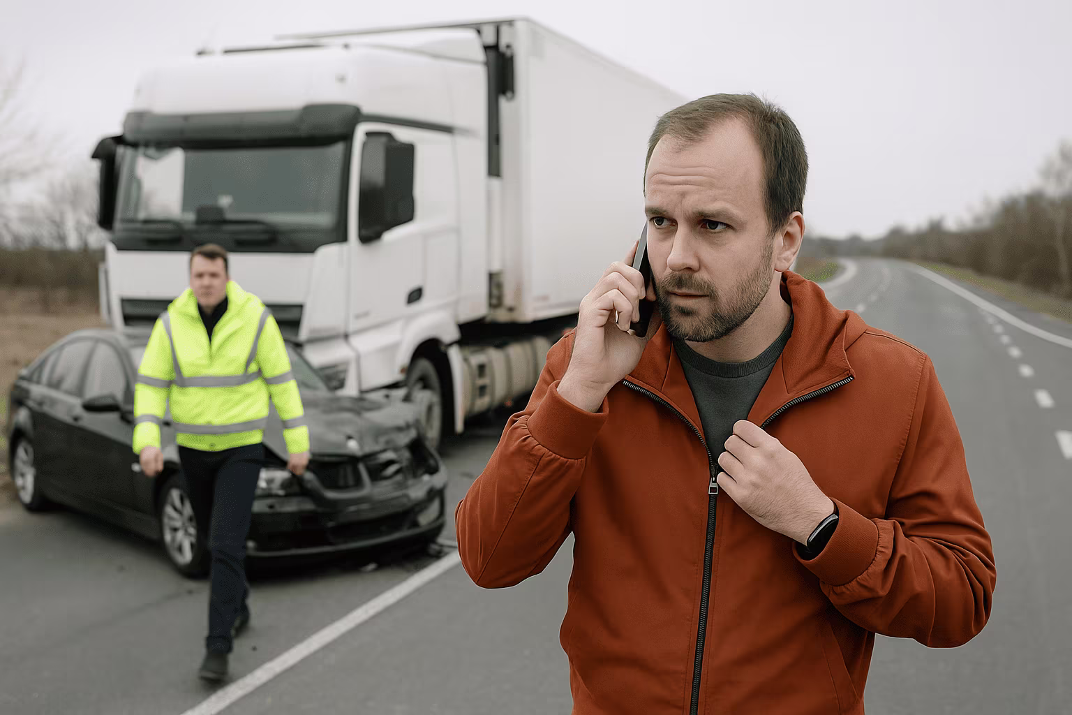 Man calling for help after car and semi‑truck accident on highway.