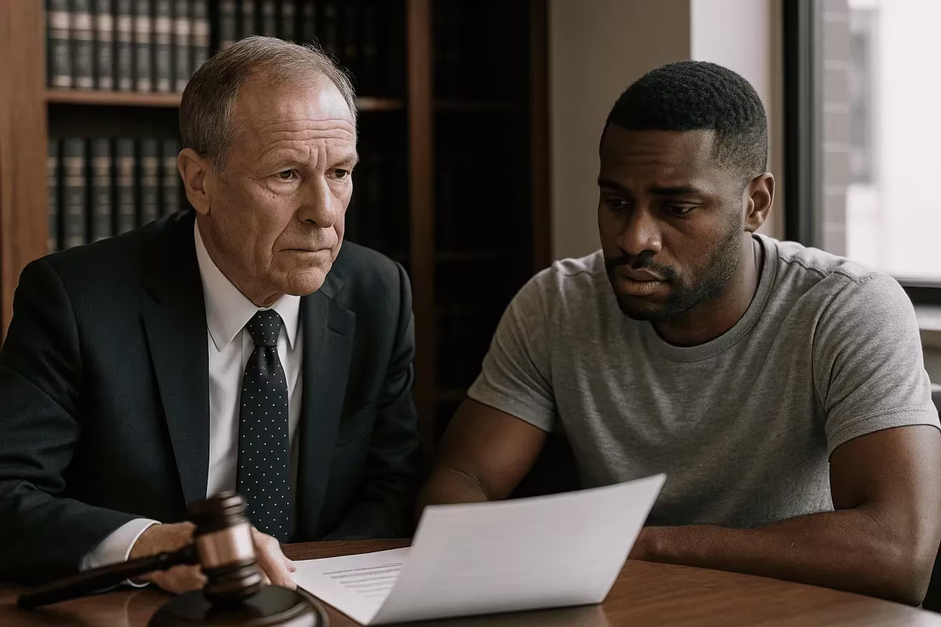 Attorney in suit consulting with client in law office with legal books and documents on desk