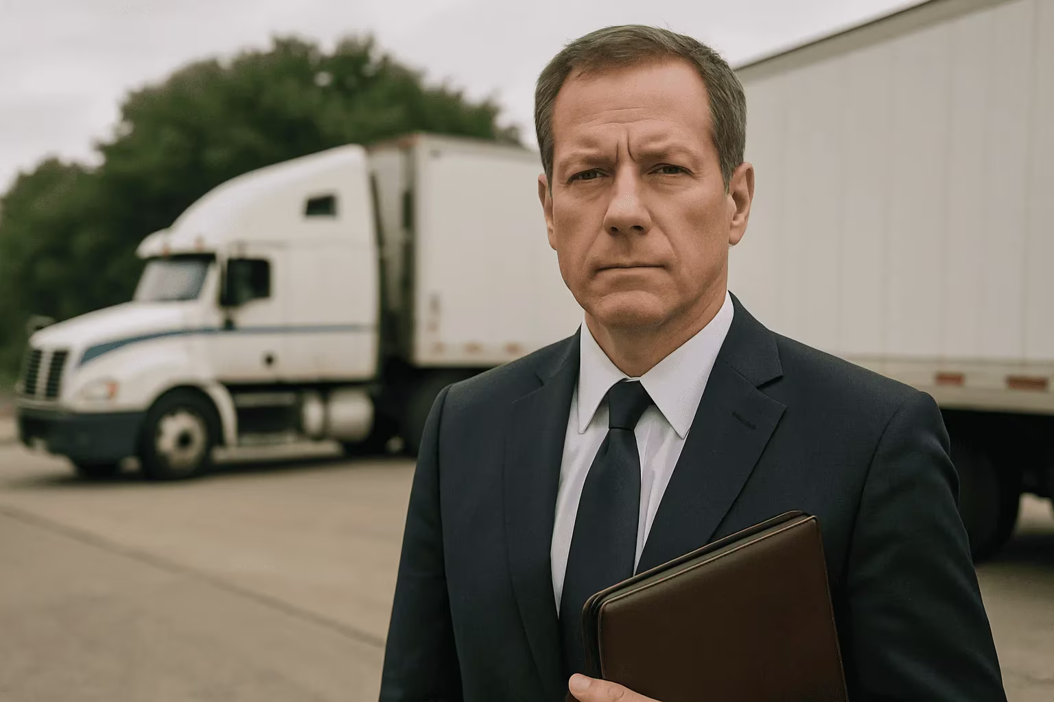 Attorney standing confidently in front of a semi-truck, representing trucking accident cases.