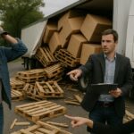 A truck driver and two professionals discuss and point at spilled cargo and wooden pallets from an open trailer.