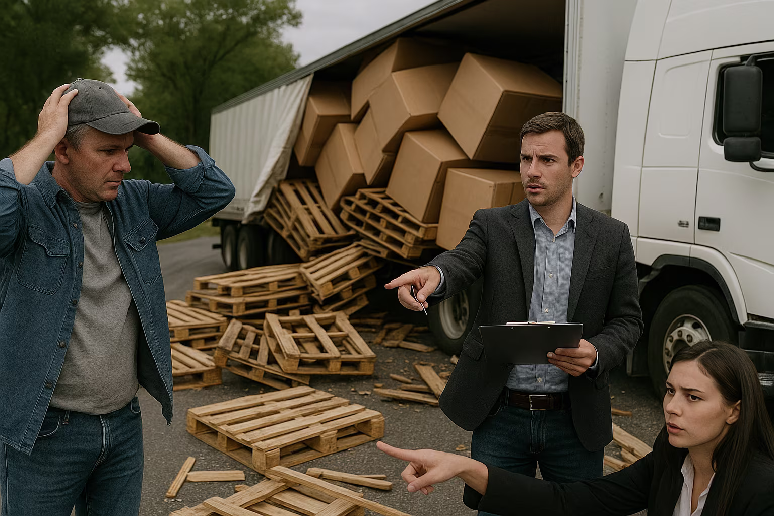 A truck driver and two professionals discuss and point at spilled cargo and wooden pallets from an open trailer.