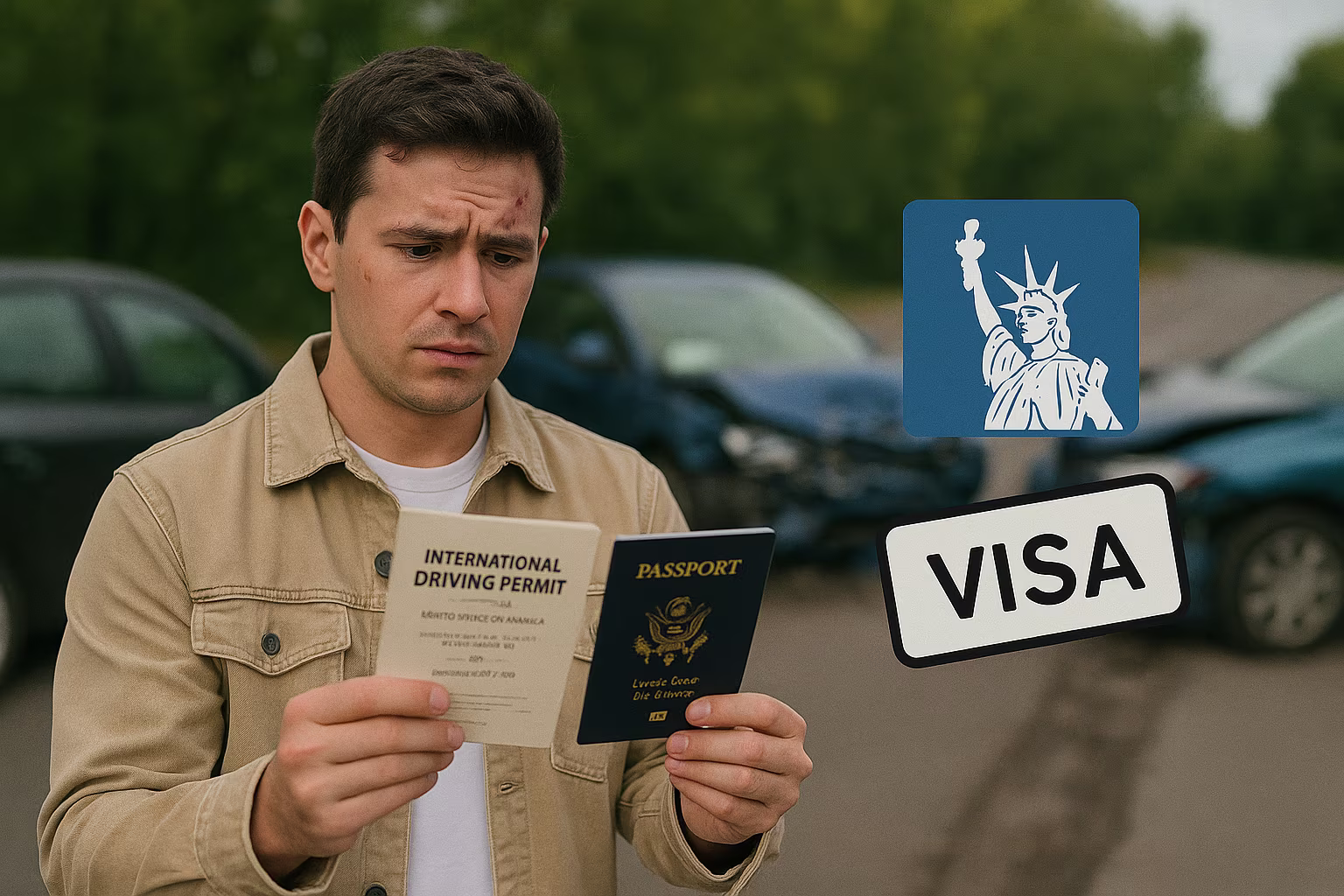 A concerned man stands by a car accident scene holding his passport and international driving permit, with visa and travel icons floating nearby.