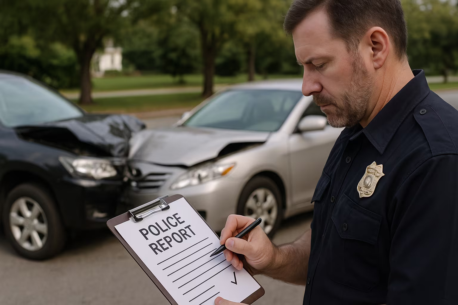 Police officer writing a report on a clipboard at the scene of a car accident with two damaged vehicles in the background.
