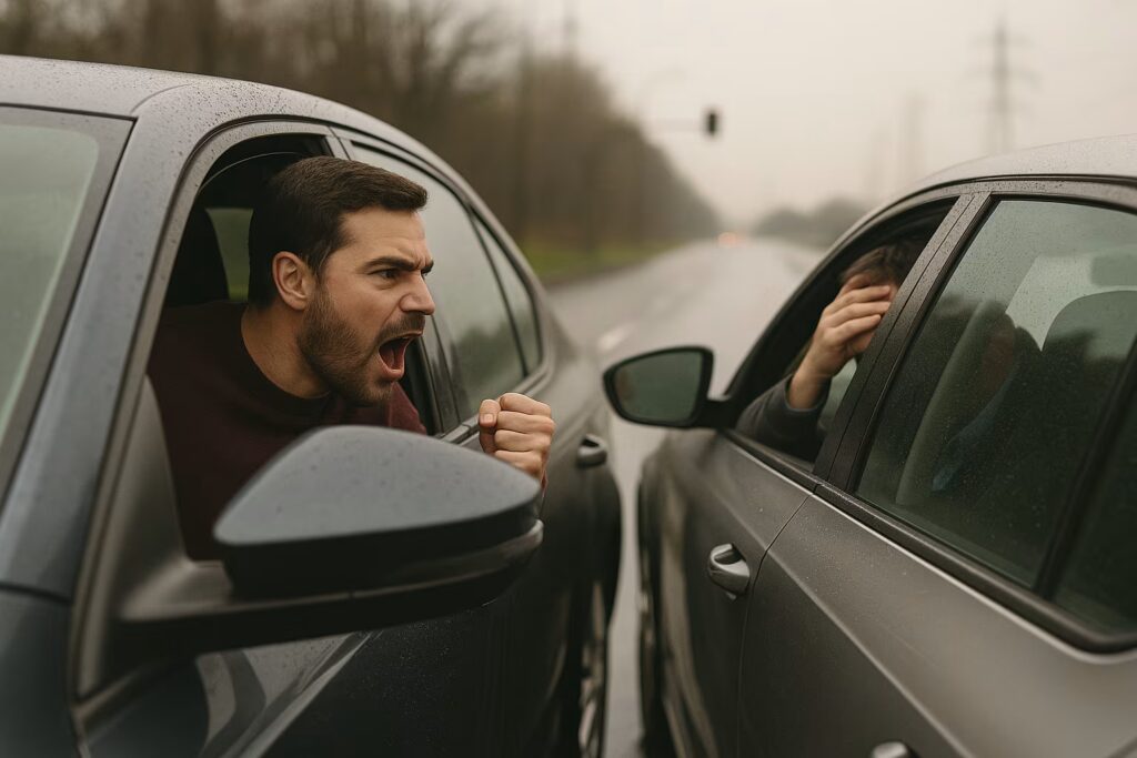 A man angrily yells out of his car window at another driver, who sits in the adjacent car covering his face in frustration.