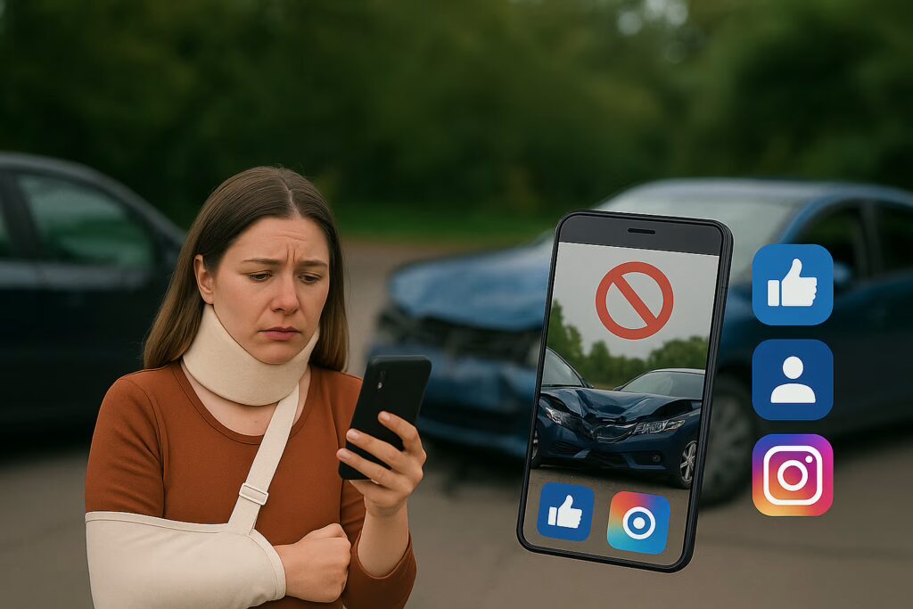 Injured woman after car accident looks at phone with warning about posting on social media.