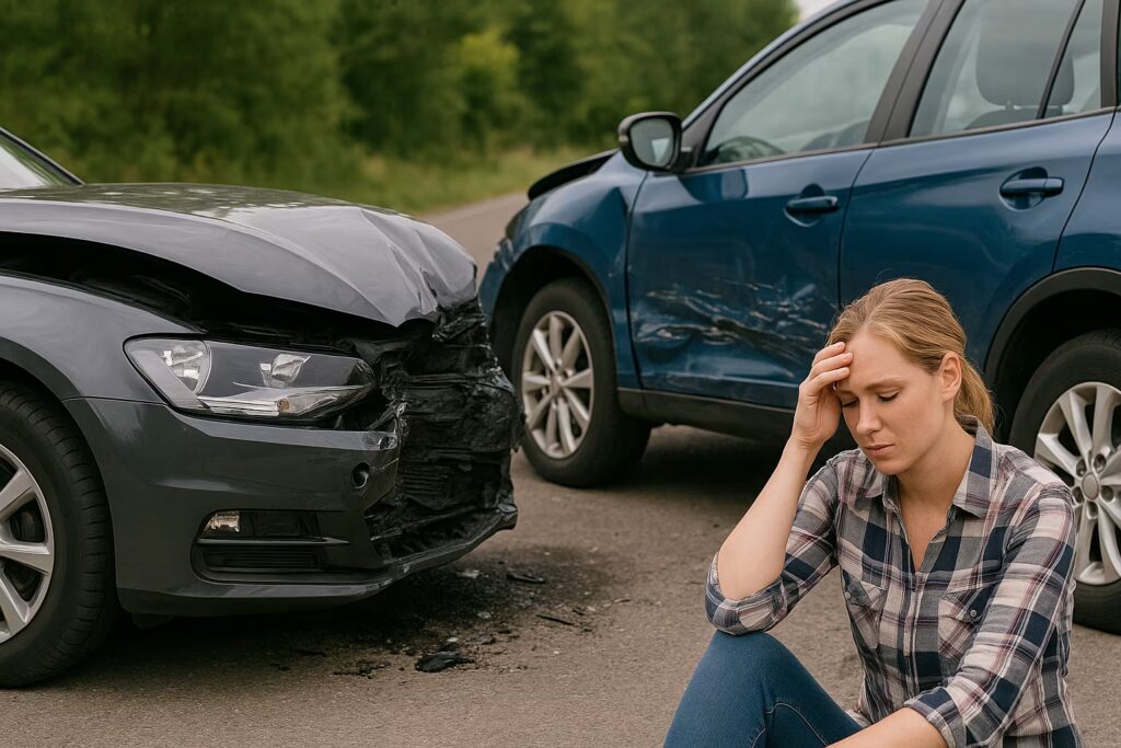 Woman sitting on road after car accident with two damaged vehicles behind her.