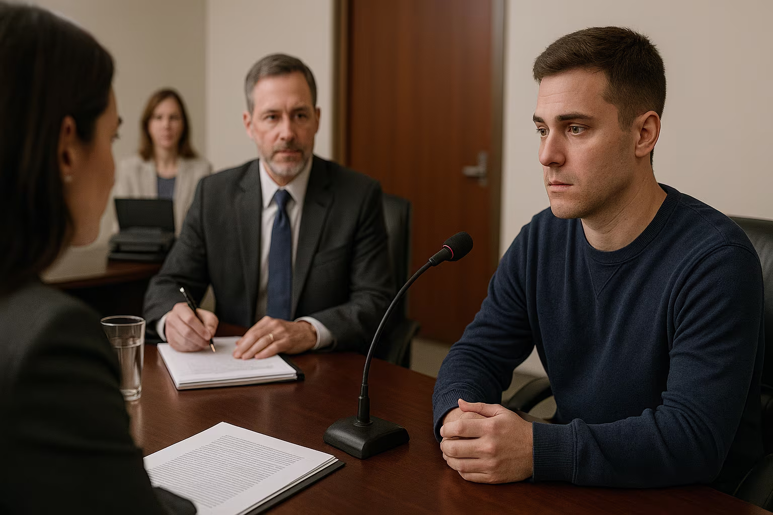 A man sits at a table with a microphone to learn what to expect at a car accident deposition.