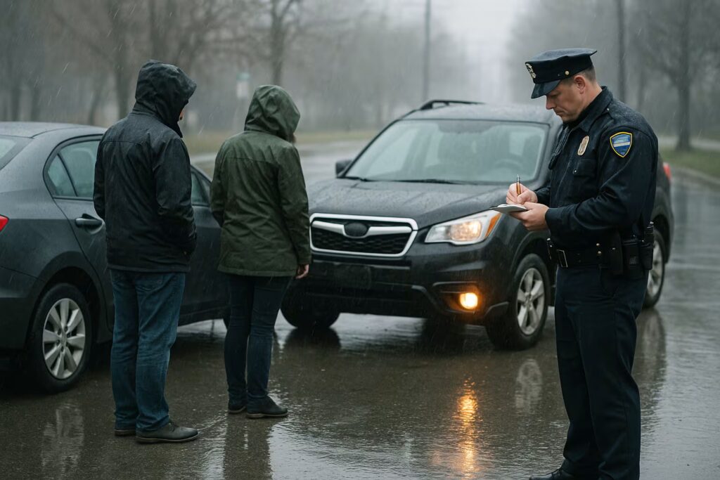 A police officer writes a report as two people stand near their cars after a rainy-day accident.