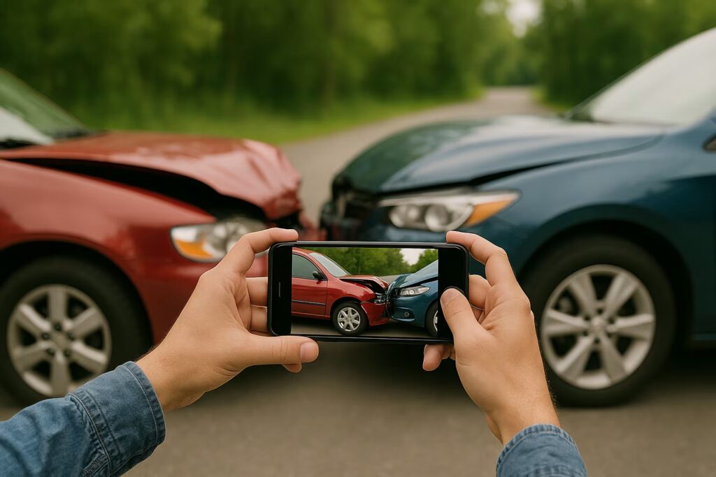 A person takes a smartphone photo of a red and blue car after a head-on collision on a rural road.