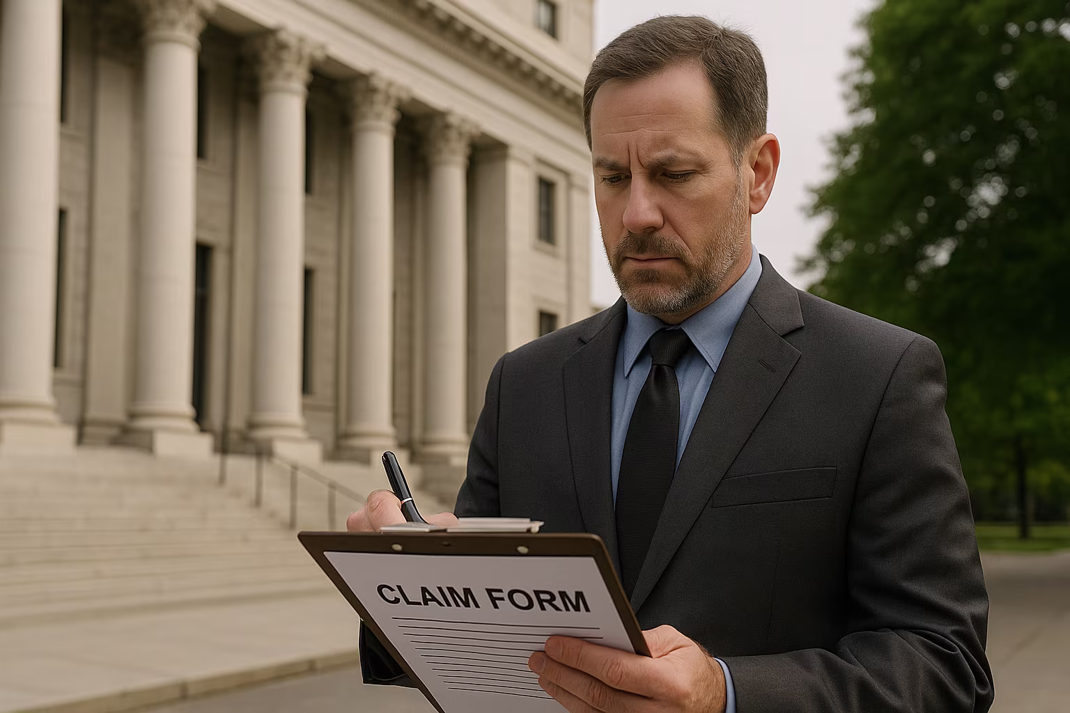 A man in a suit fills out a government claim form on clipboard showing how to sue government entity car accident in Texas