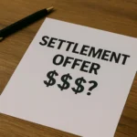 A paper reading "Settlement Offer $$$?" sits on a wooden desk next to a black pen.